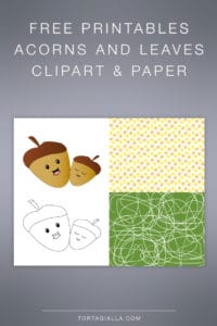 FREE DOWNLOAD: Acorn printables including color drawing, black and white line drawing, leafy pattern and green scribbles paper.