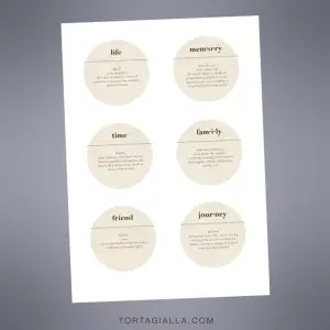 Free Printable Embellishments for scrapbooking and journaling - circle definitions on vintage paper to cut out and collage.