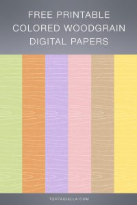 Free printable downloads on tortagialla.com - set of 6 colored woodgrain digital papers.